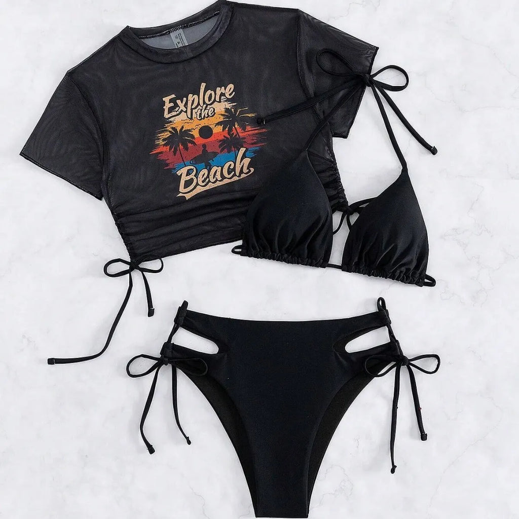 Women's three-piece bikini swimsuit set with short sleeved top in multiple colour options