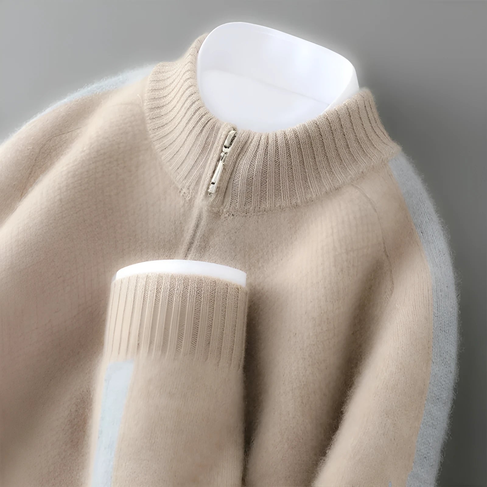 Sheep wool half-zip round neck knitted sweater in slim fit plus size design