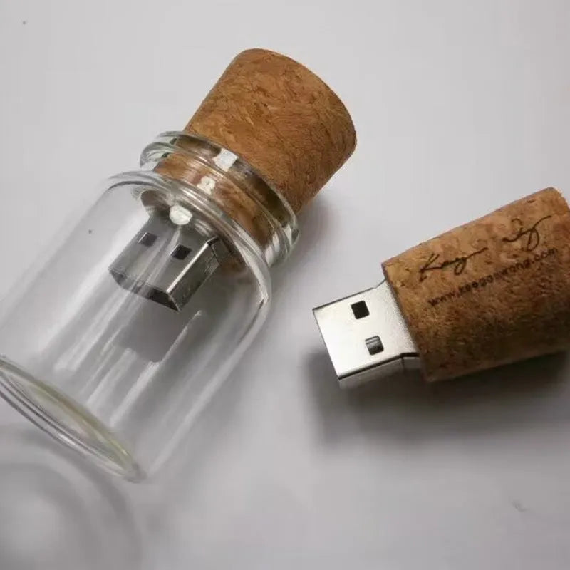 Transparent wooden wish bottle design USB flash drive on a white background.