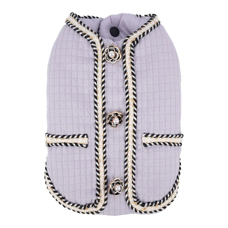 Quilted polyester pet coat with cartoon pattern in black, white or light purple colours for autumn and winter