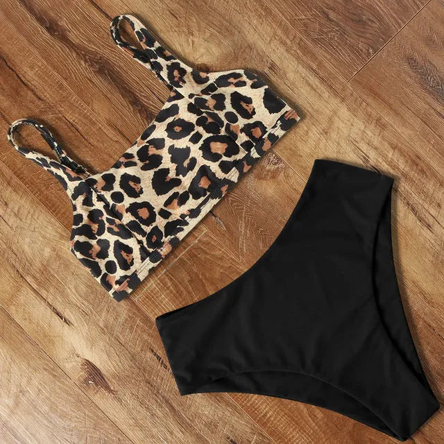 Women's high waist leopard print bikini set with push up bra and briefs shorts