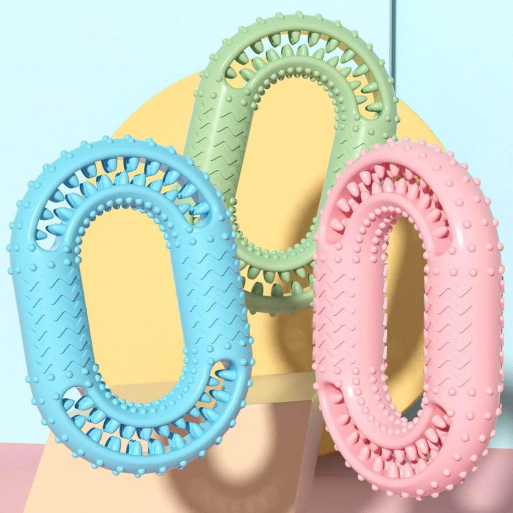 Blue O-ring shaped dog chewing toy for large breed aggressive chewers on a plain background