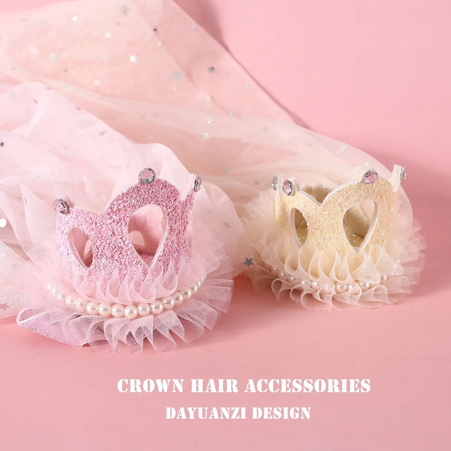 Princess crown headdress for cats on a beige or pink cotton polyester veil