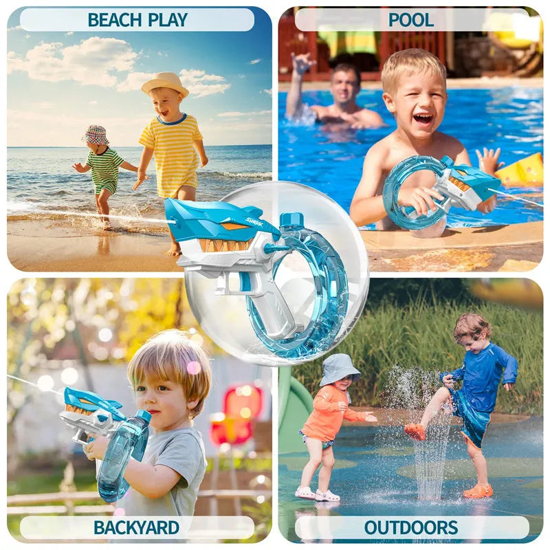 Blue Shark-shaped electric water gun toy with a large tank, placed on a sandy beach.