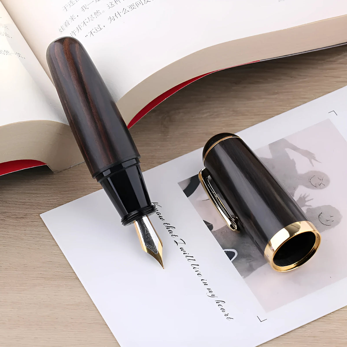Solid wood short chubby ink pen with fine tip on wooden surface