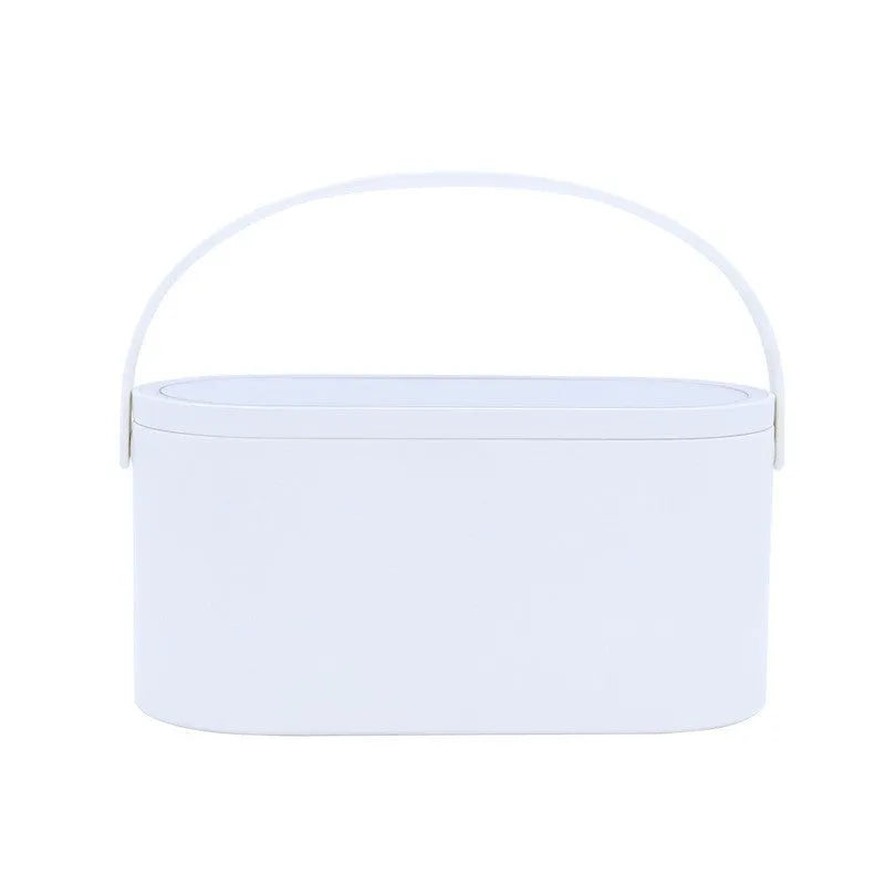 Portable pink and white beauty makeup mirror with storage box.