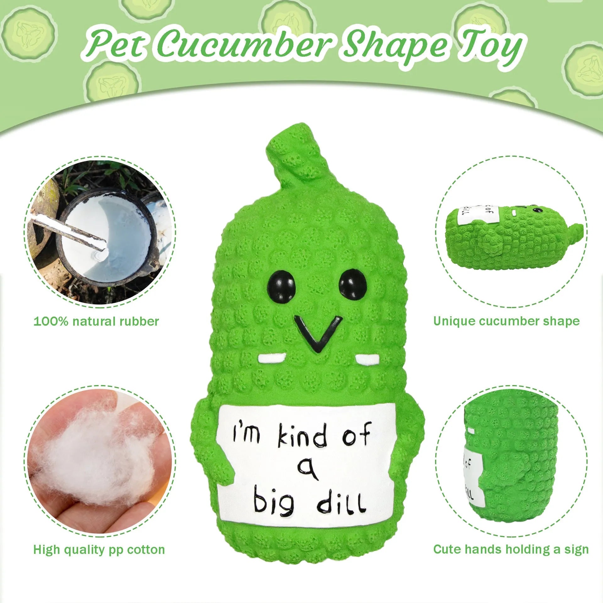 Green pickle-shaped squeaky dog chew toy with textured nubs on a white background.