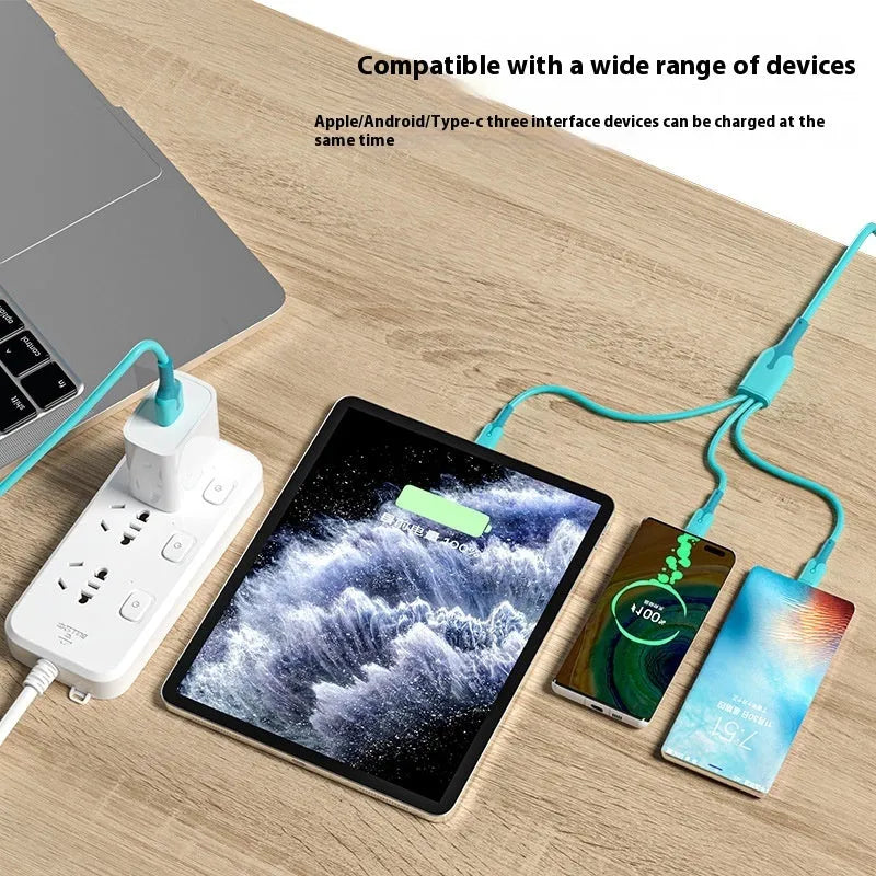 5A Super Three-in-one silicone charging cable with Lightning, Micro USB, and TYPE-C connectors in blue