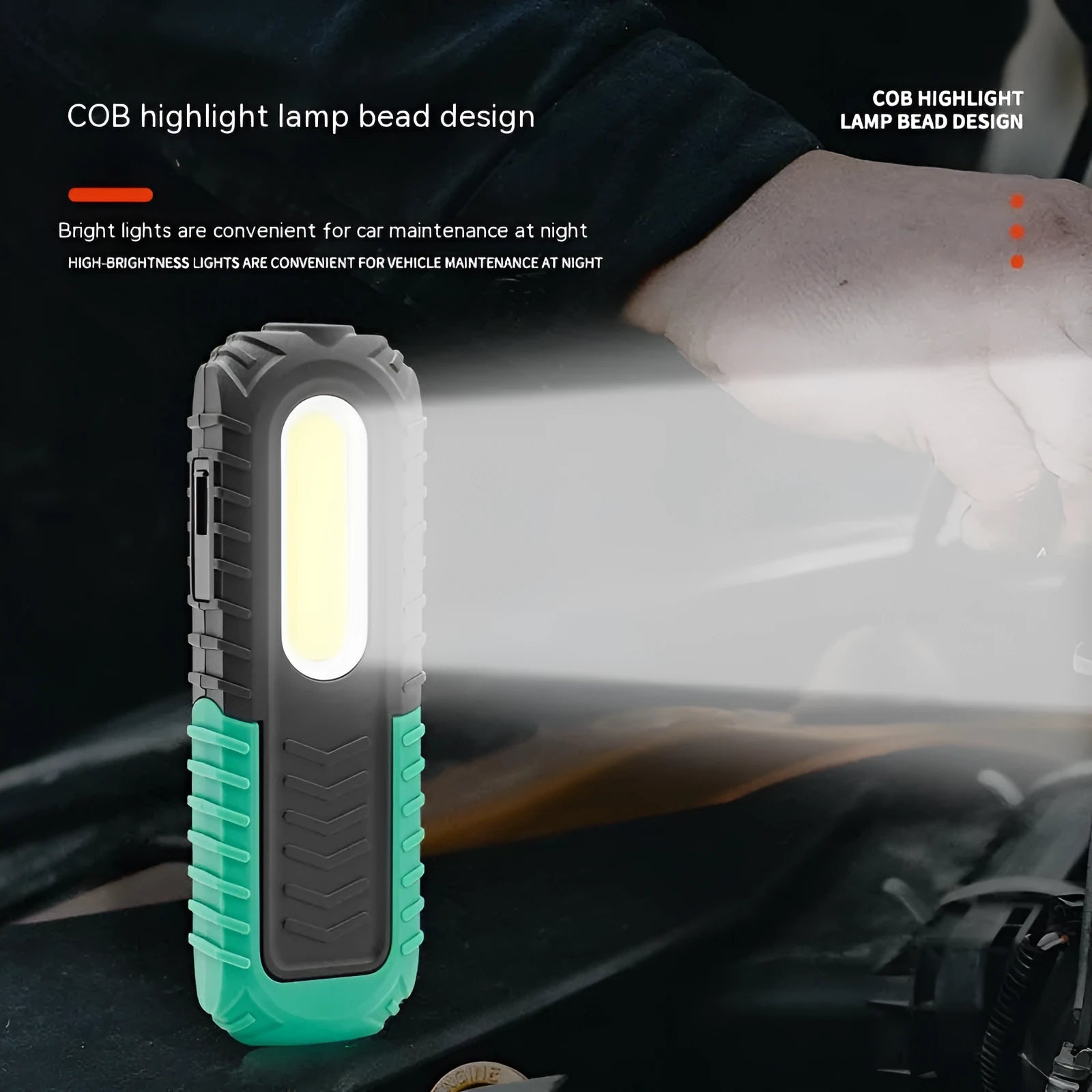 Black and green USB-powered auto repair work light with drop-resistant ABS plastic housing