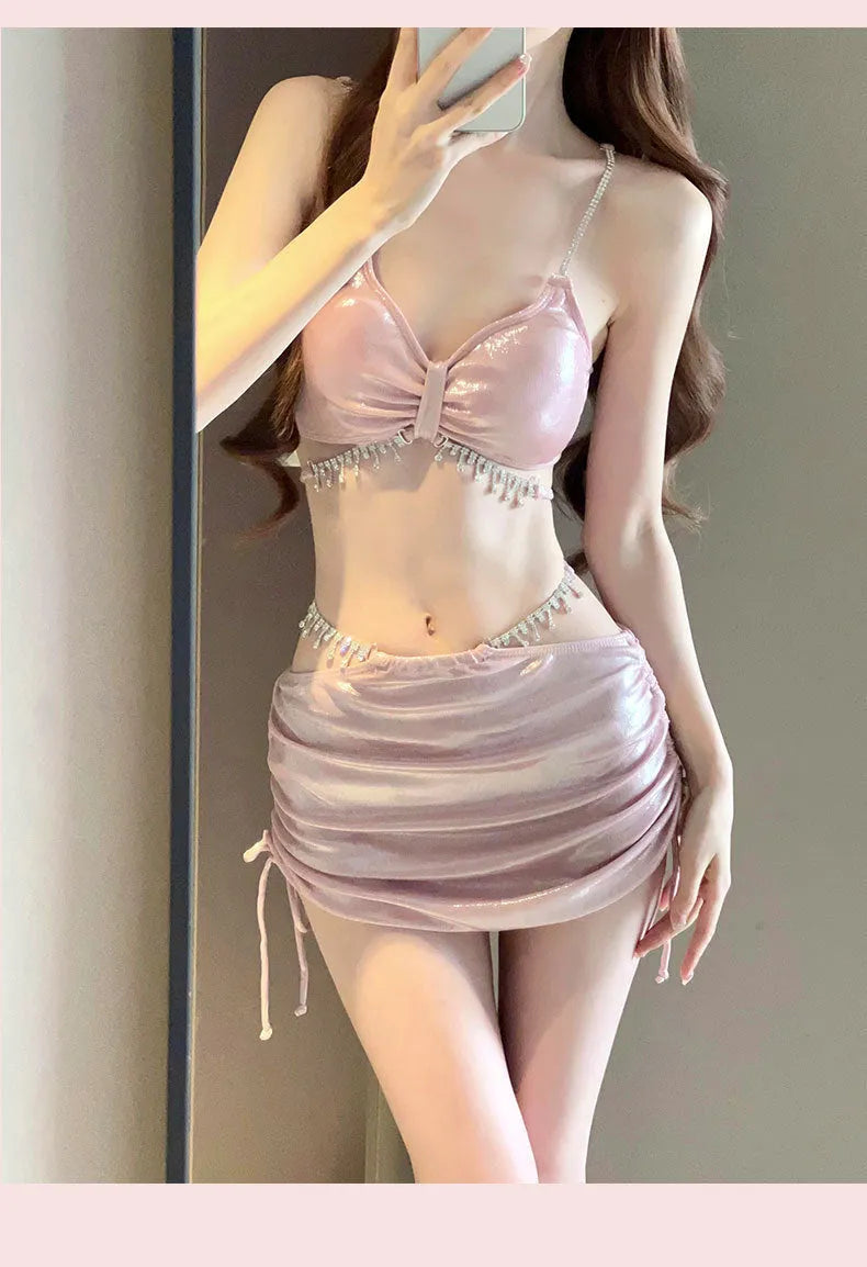 Women's solid colour polyester bikini swimsuit set shown in pink and black colour options