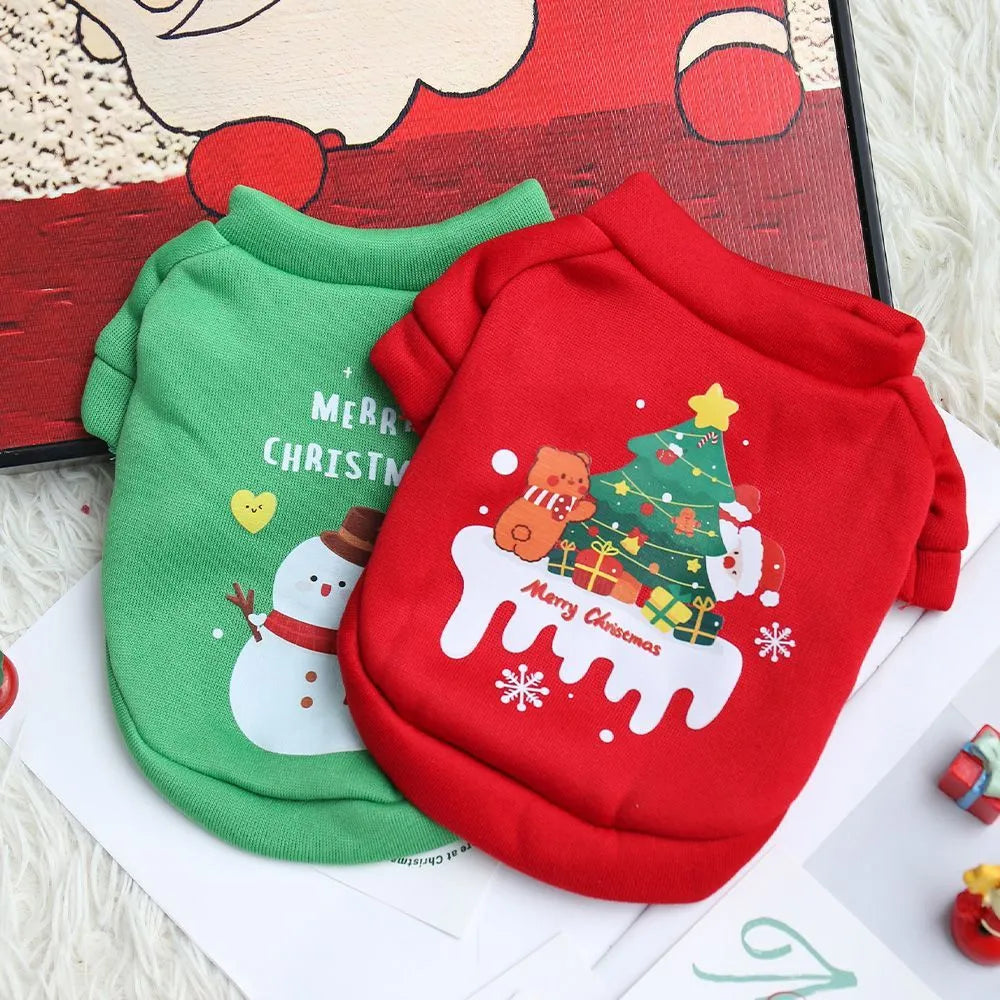 Fleece-lined pet crew neck sweater in red and green Christmas designs, sizes XS to XXL, chest 30-55cm