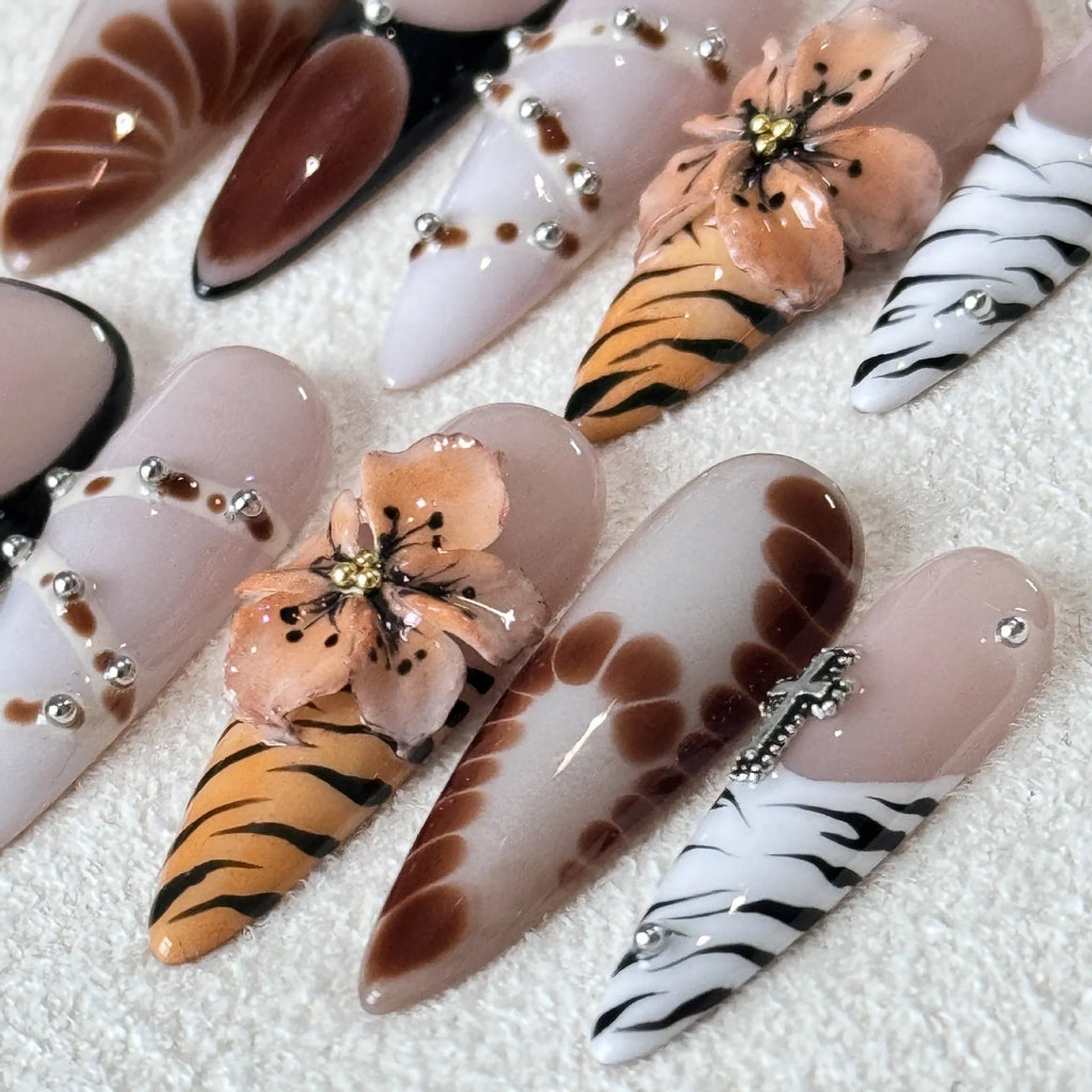 French style leopard print, flower and cross pattern nail armour stickers pack.