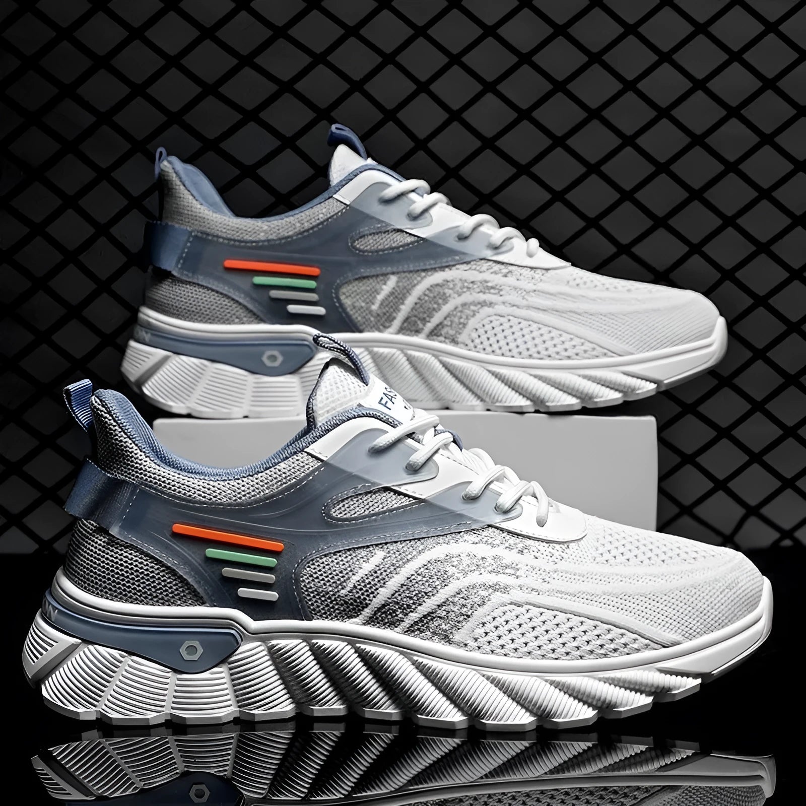 Men's white blue platform casual sports shoes with cross shoulder straps and mesh upper