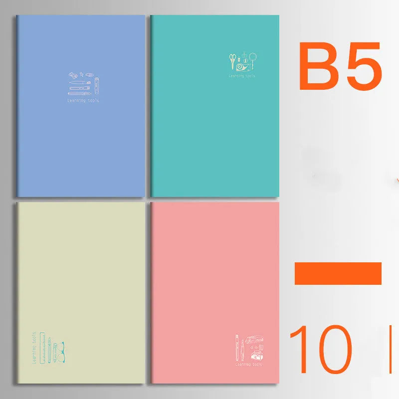 Ten soft cover thread-bound notebooks in A5 and B5 sizes with various designs