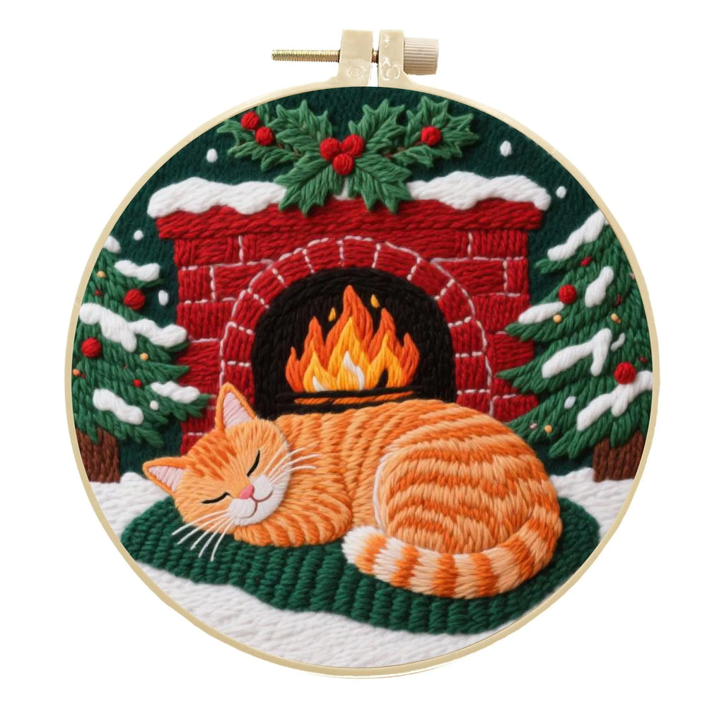 Cat-themed DIY embroidery kit showing Autumn Fruit pattern on cotton linen fabric with optional bamboo frame and scissors.