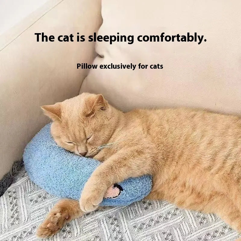 Blue U-shaped cat pillow in a question mark style on a white background