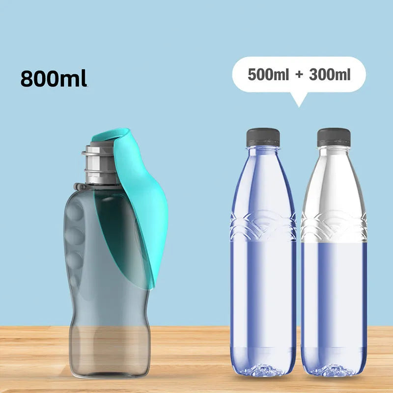 Blue grey portable dog water bottle with foldable drinking bowl extended, showing lock key.