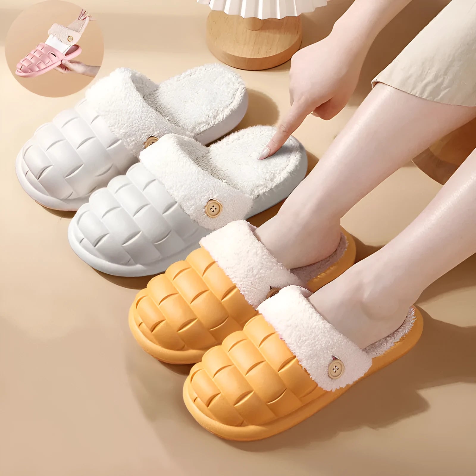 A pair of pink detachable EVA slippers with plush lining and a textured sole.