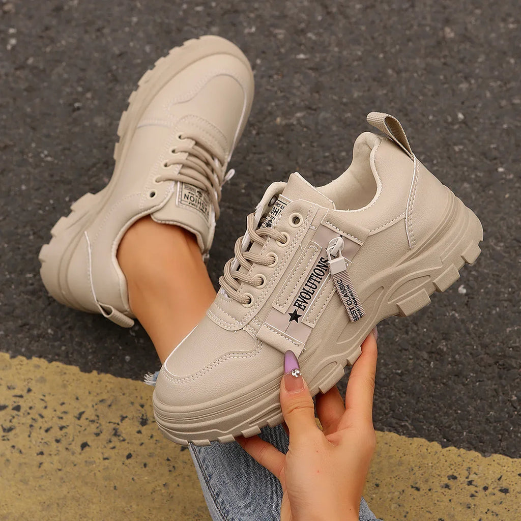 Lace-up sports shoes with side zipper, round-toe, thick sole, artificial PU upper, colour combination, women's casual sneakers