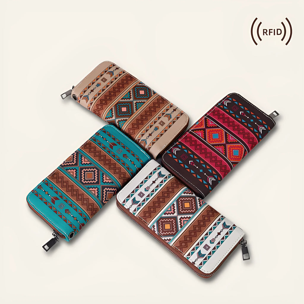 Bohemian striped canvas RFID wallet with wind belt closure in multiple colour options