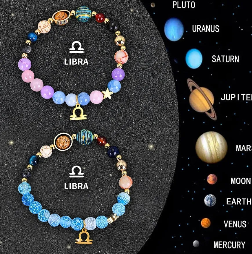 Natural stone beaded bracelet set with zodiac symbol charms on an adjustable cotton cord.