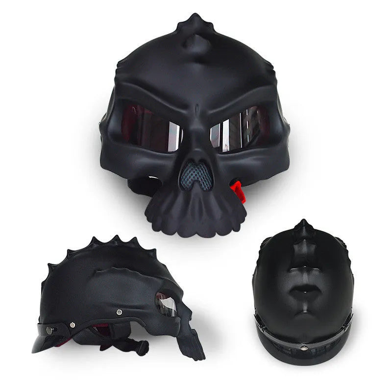Motorcycle helmet with removable double-sided skull artwork panels in various colour options