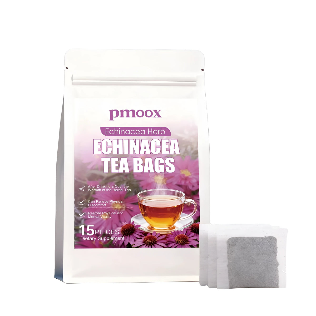 Pack of 15 echinacea purpurea herbal tea bags with individual wrappers for immune support