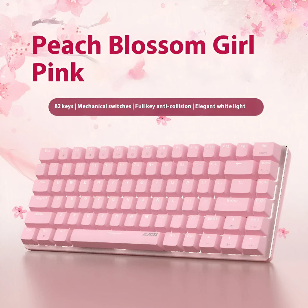 Pink and white mechanical gaming keyboard with 82 keys and white backlight illumination