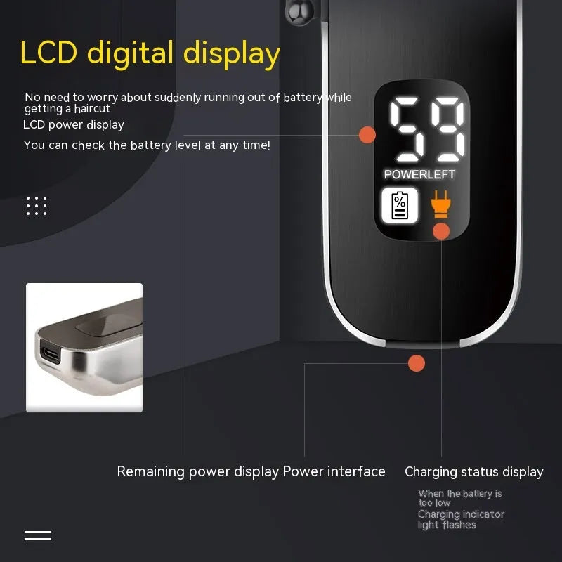 USB charging electric clipper with digital display and double cutter head, includes T-blade and carving cutter