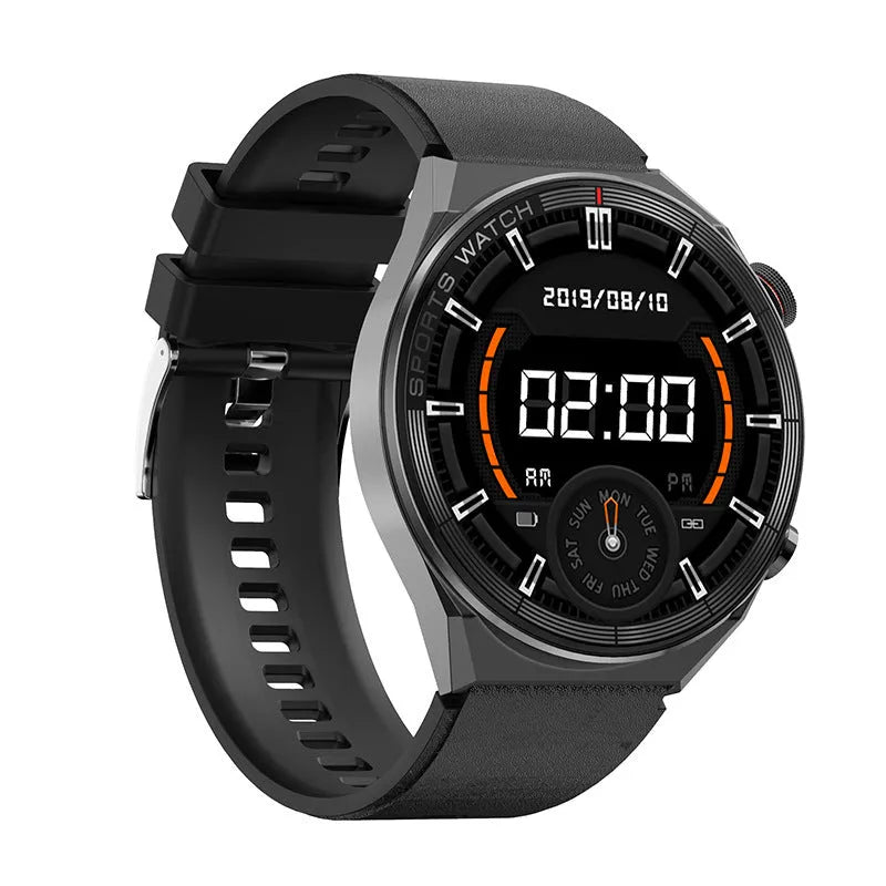 Black steel smart watch with TFT screen showing heart rate and time on wrist