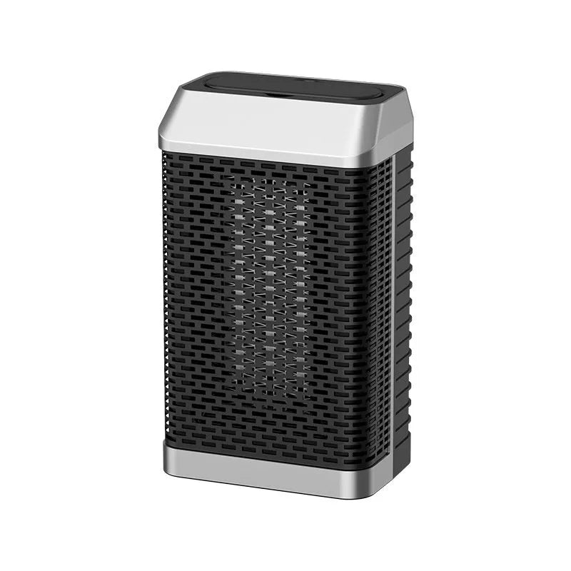 Black remote-control desk heater with shaking head on wooden desktop