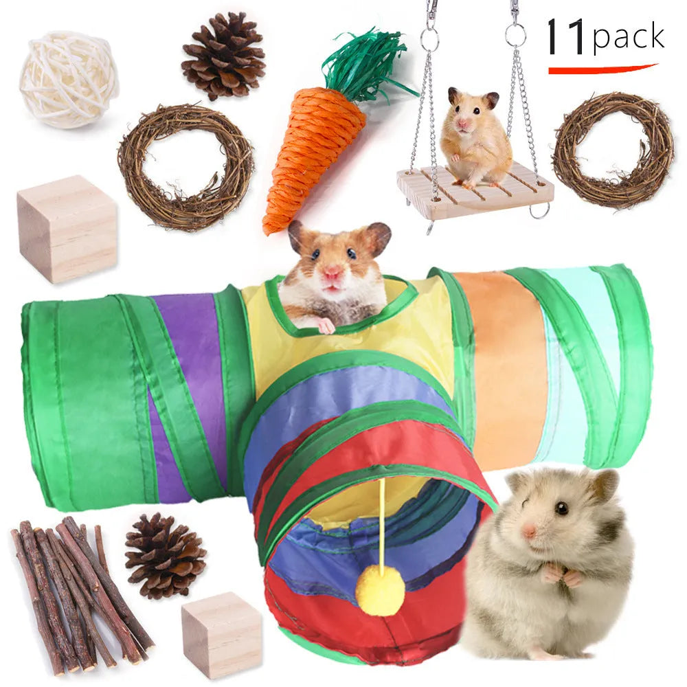 Assortment of wooden chew toys for small pets including straw mats and woven balls.