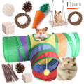 Assortment of wooden chew toys for small pets including straw mats and woven balls.