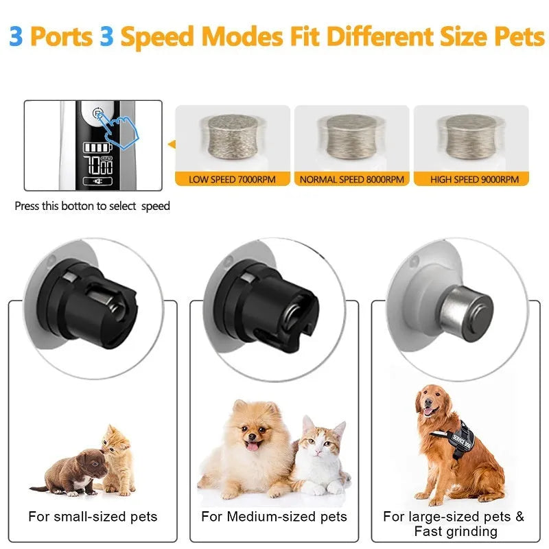 3-speed LED electric dog nail trimmer grinder with dust collection compartment and display.