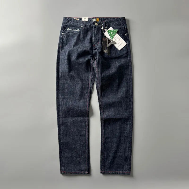 Men's straight leg denim trousers in primary colour with American retro styling and mid-waist fit