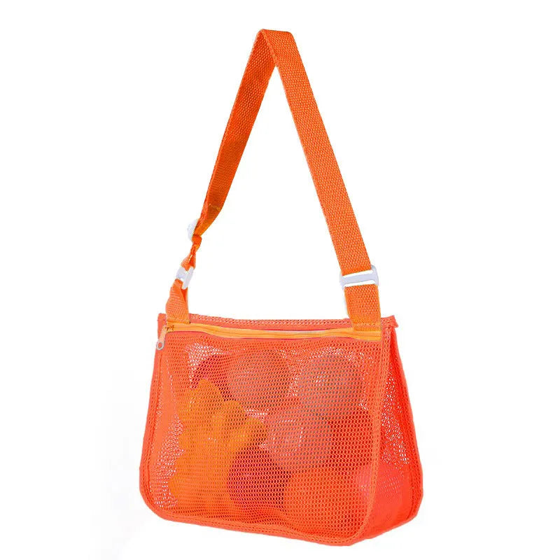 Blue nylon mesh travel storage organiser bag for children's toys and clothing, sealed, measuring 20x25x8cm.
