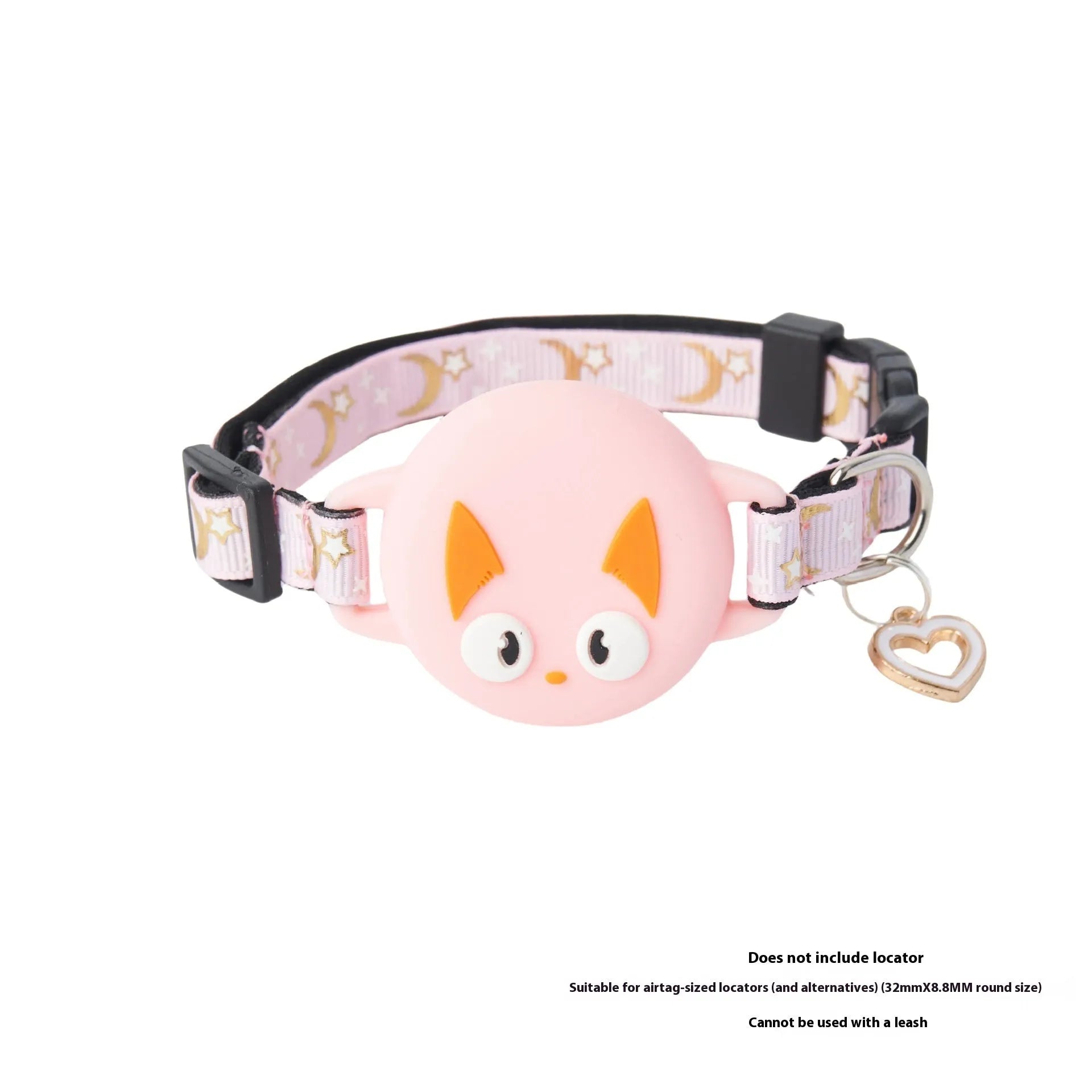 Pink plastic AirTag case attached to an adjustable breakaway cat collar on a table.