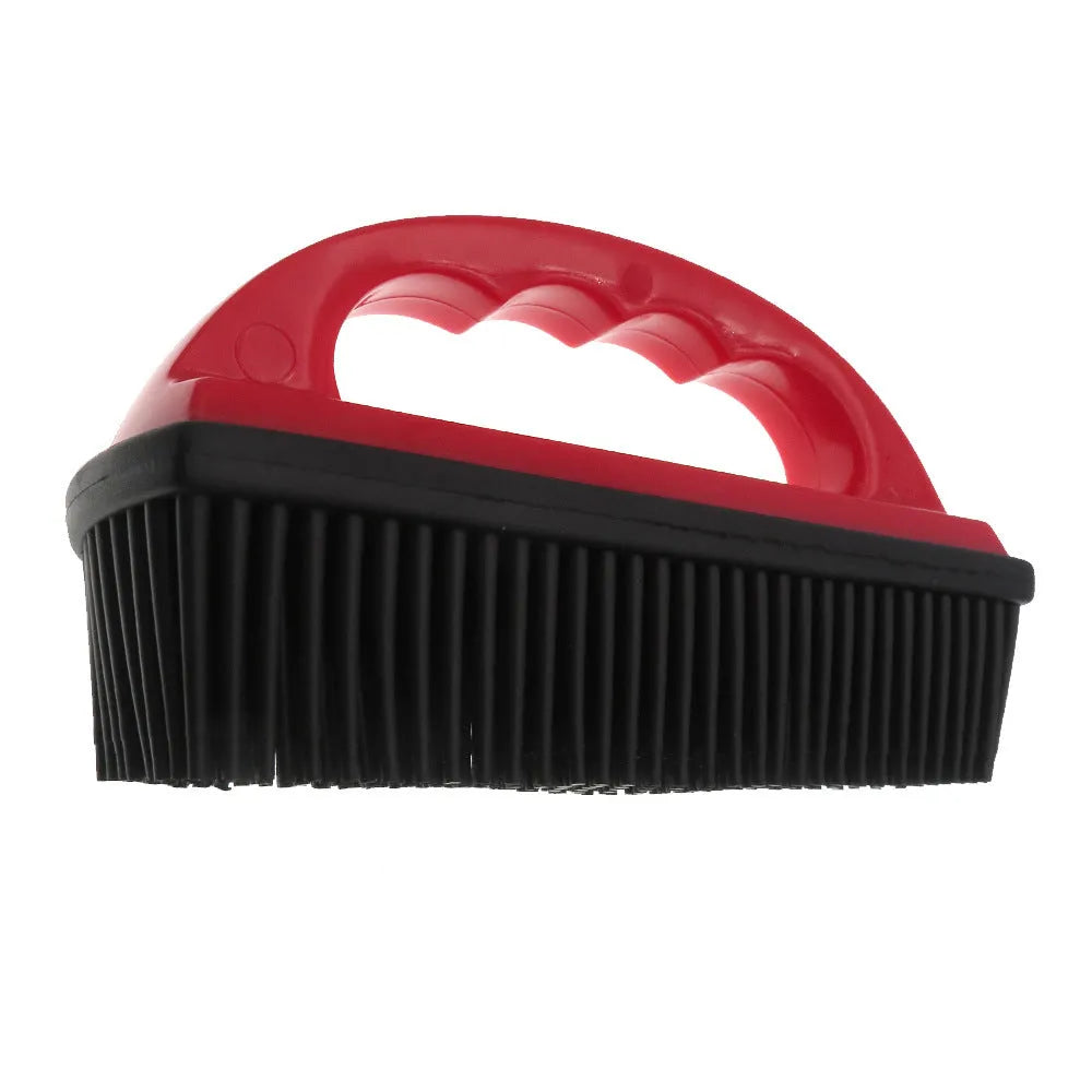 Red handheld pet hair removal brush for grooming and carpet cleaning, shown at 160mm by 85mm.