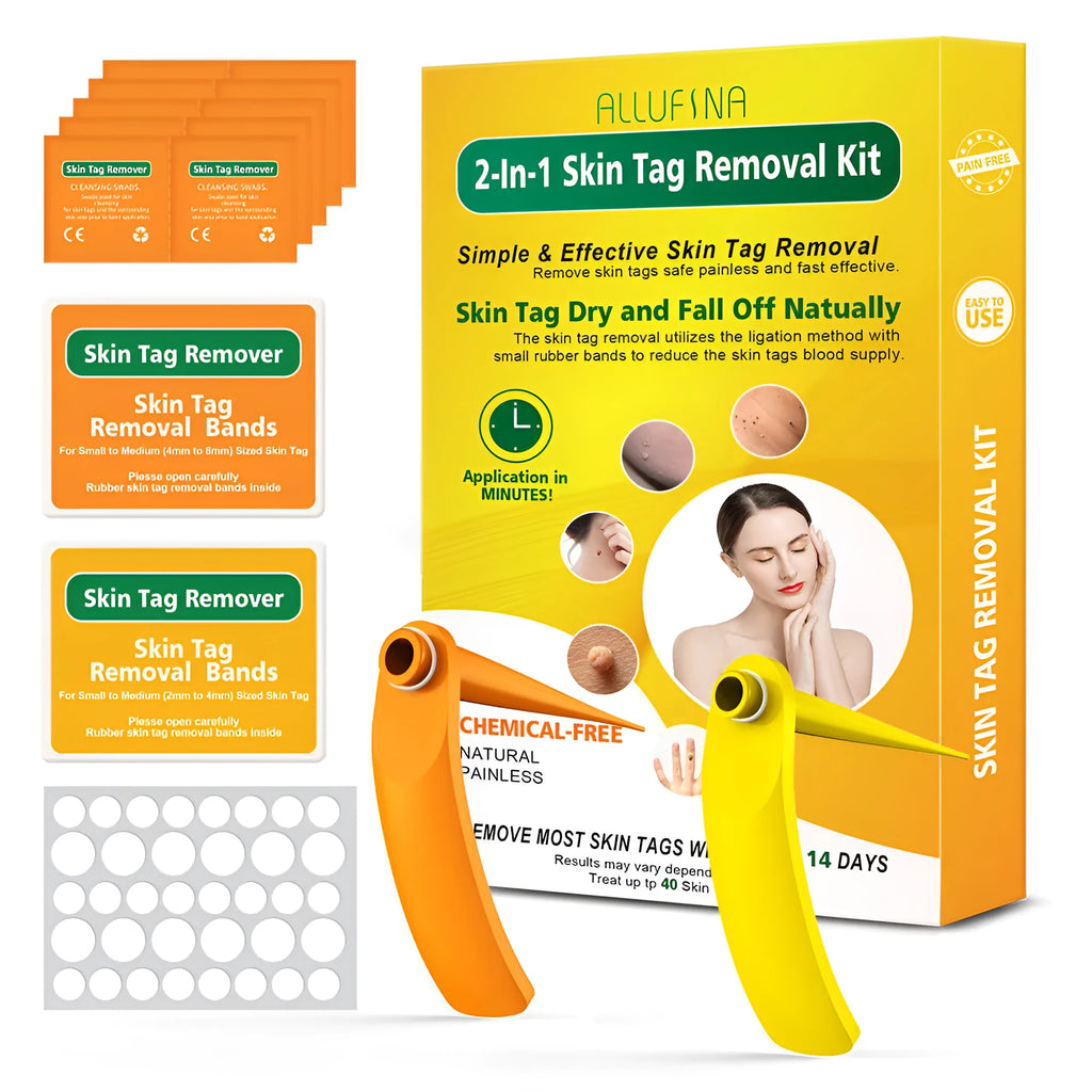 Orange yellow manual mole remover tool with metal cones, assorted rubber rings, alcohol swabs, and repair stickers on a white background.