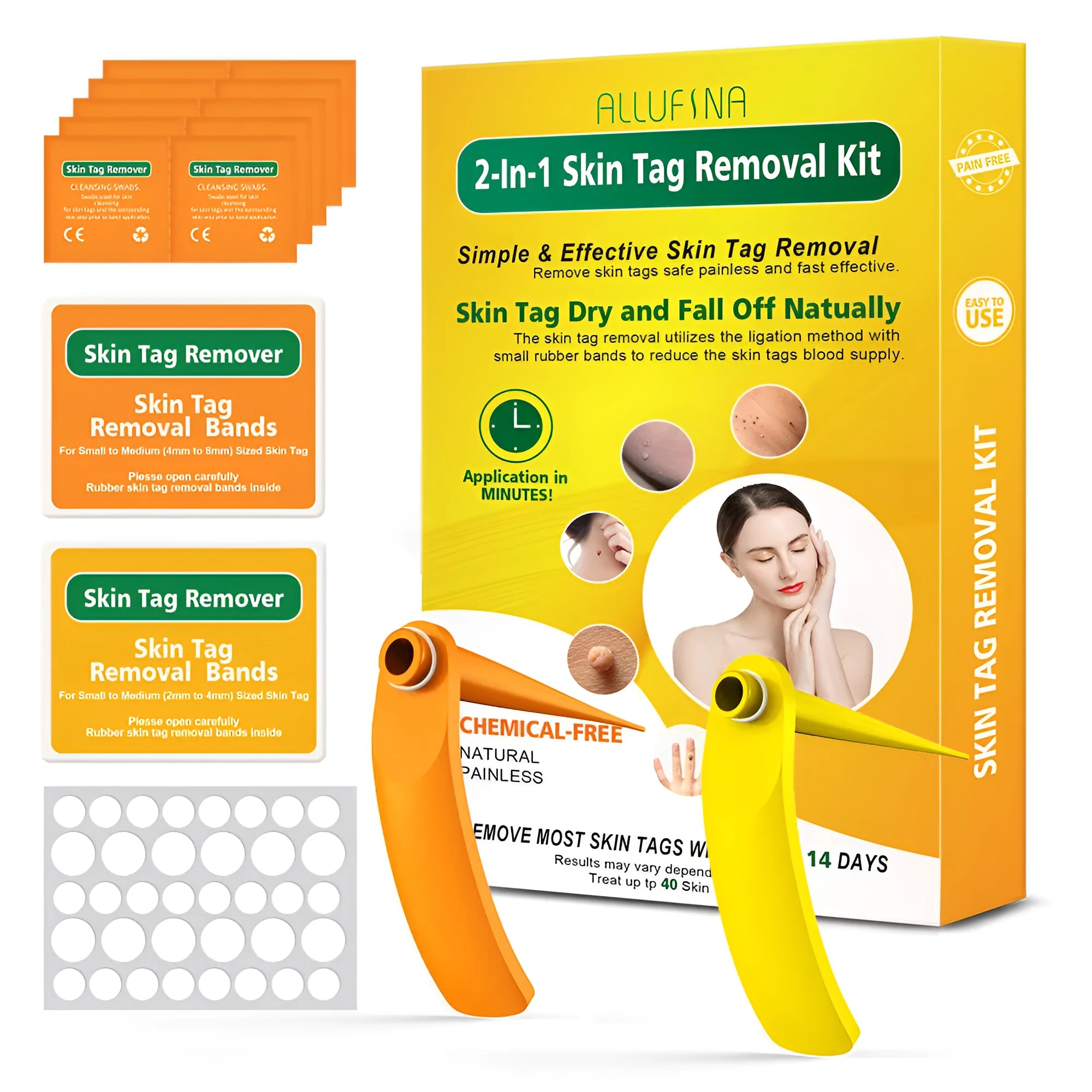 Orange yellow manual mole remover tool with metal cones, assorted rubber rings, alcohol swabs, and repair stickers on a white background.