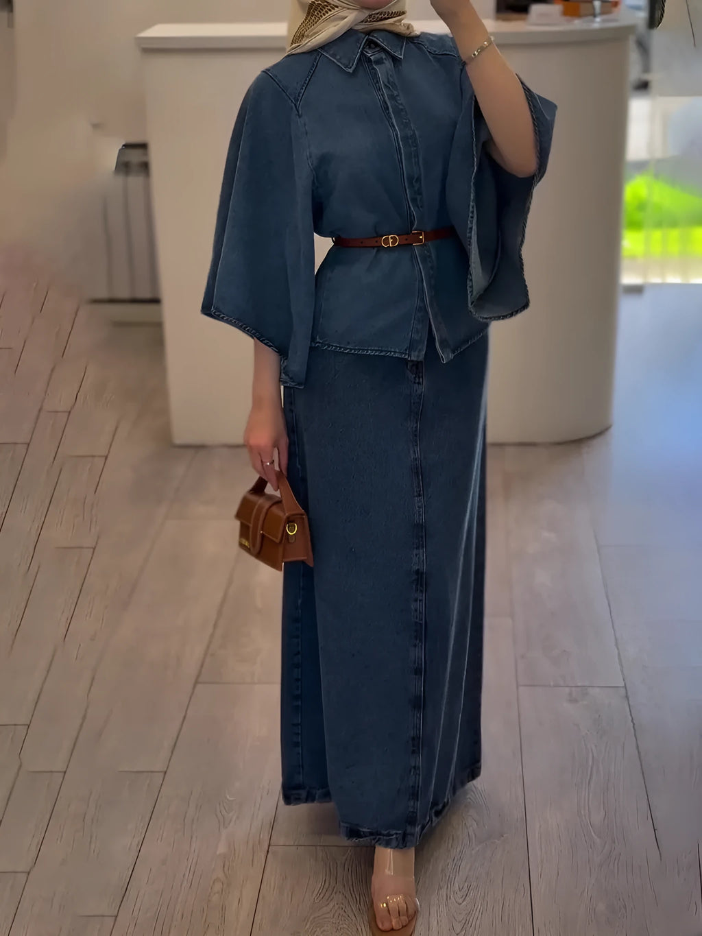 Denim cape style top and maxi skirt set in denim colour, regular fit two-piece outfit