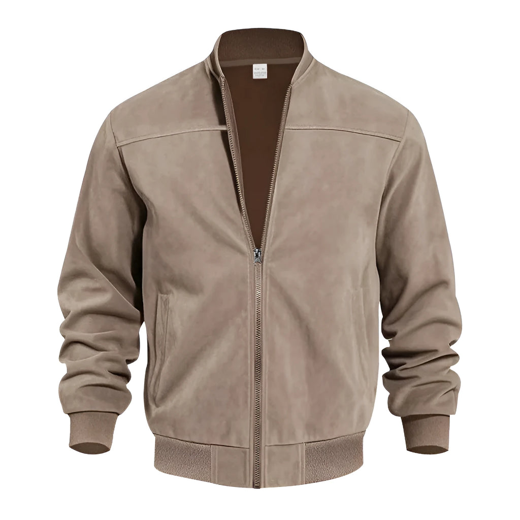 Men's army green suede casual jacket with a front zipper, shown on a model.