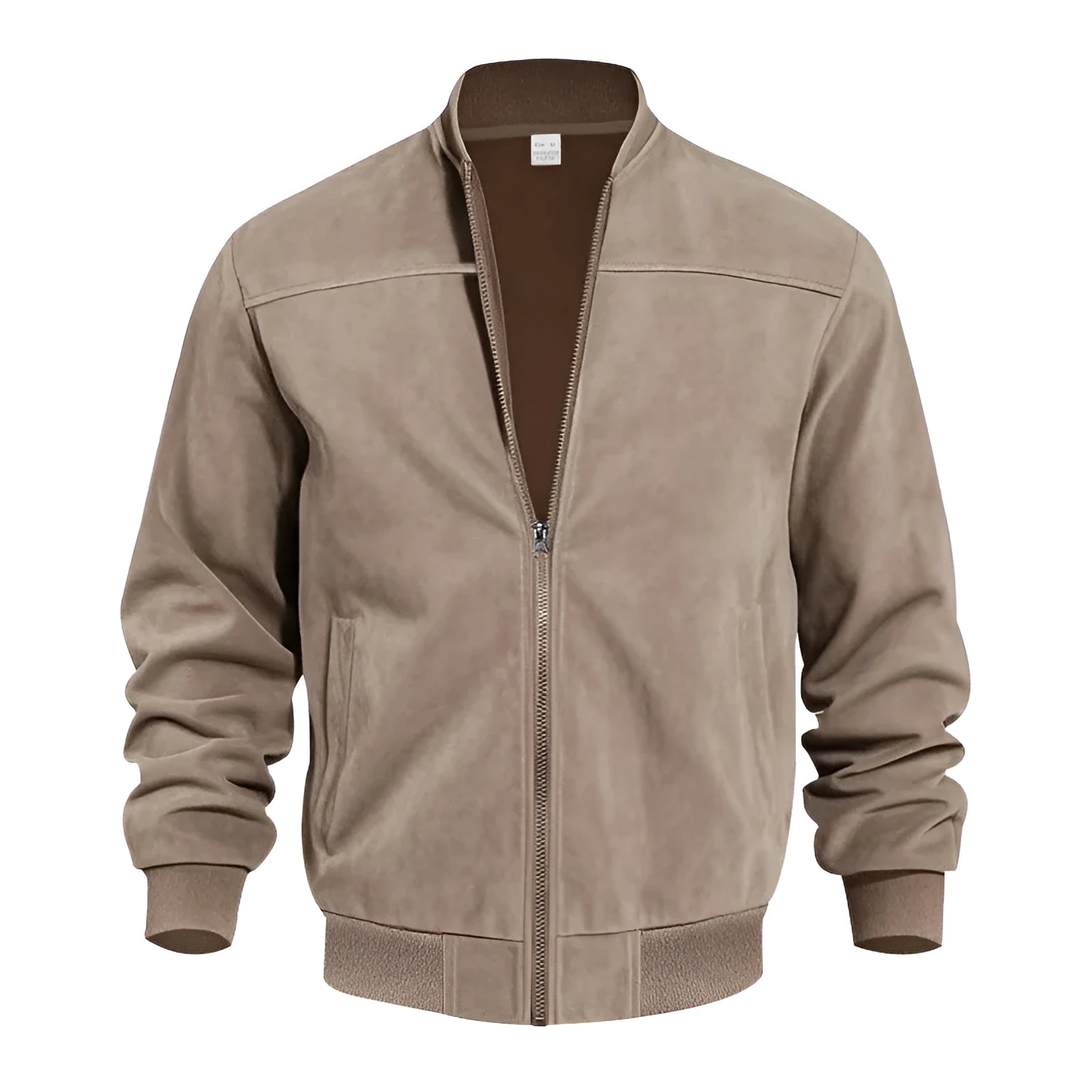 Men's army green suede casual jacket with a front zipper, shown on a model.