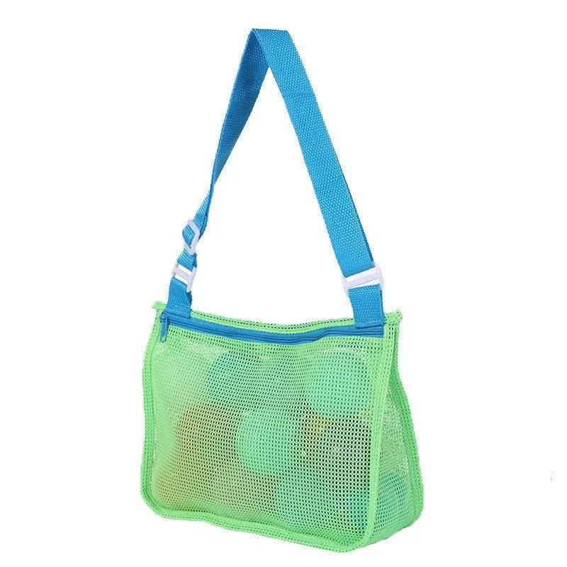Blue nylon mesh travel storage organiser bag for children's toys and clothing, sealed, measuring 20x25x8cm.