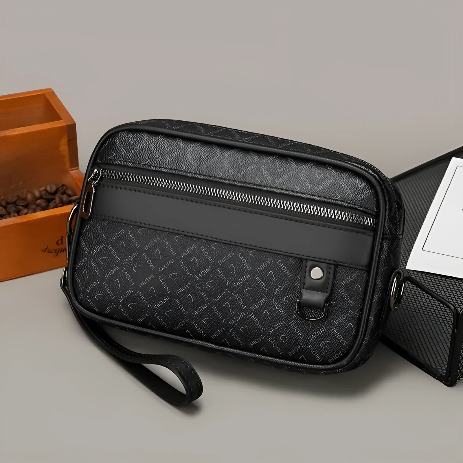 Men's black geometric pattern PU messenger bag with shoulder strap and handheld option