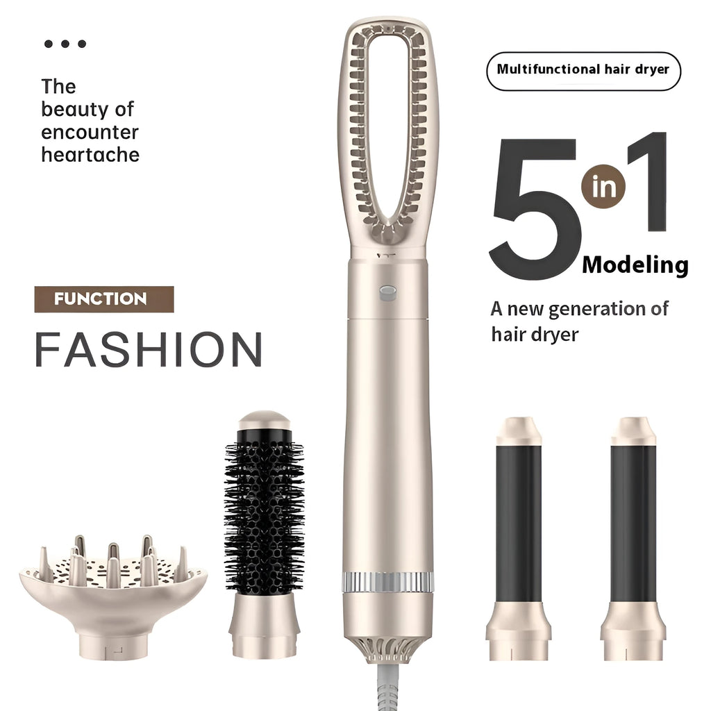 Champagne gold five-in-one hot air comb hair styler with straightening and curling functions