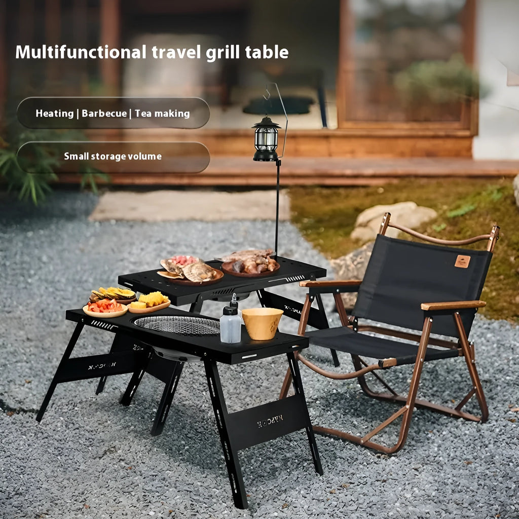 Folding multi-functional travel barbecue table with steel construction for camping