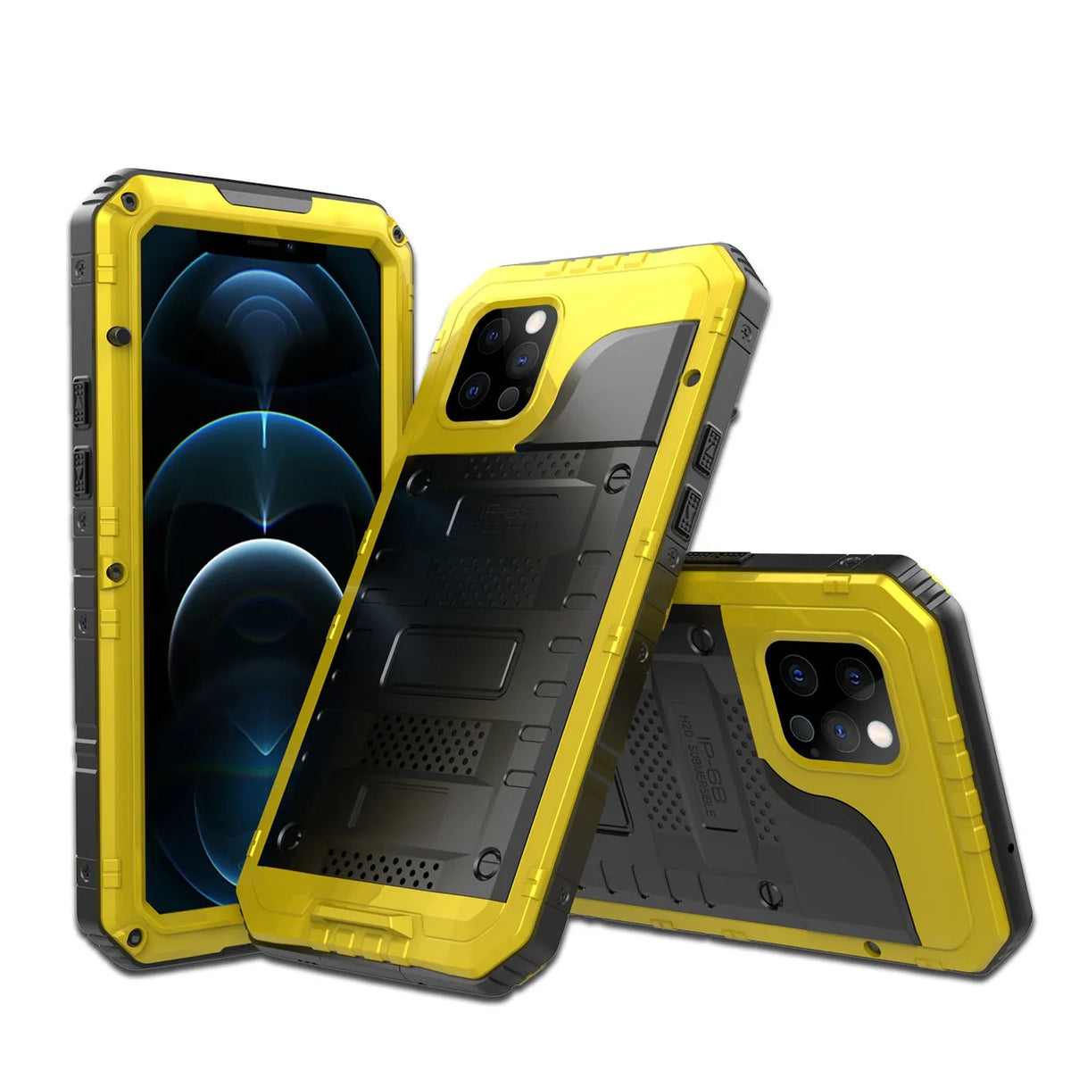 Waterproof metal diving phone case for iPhone 14 Pro Max in black, red, yellow colours