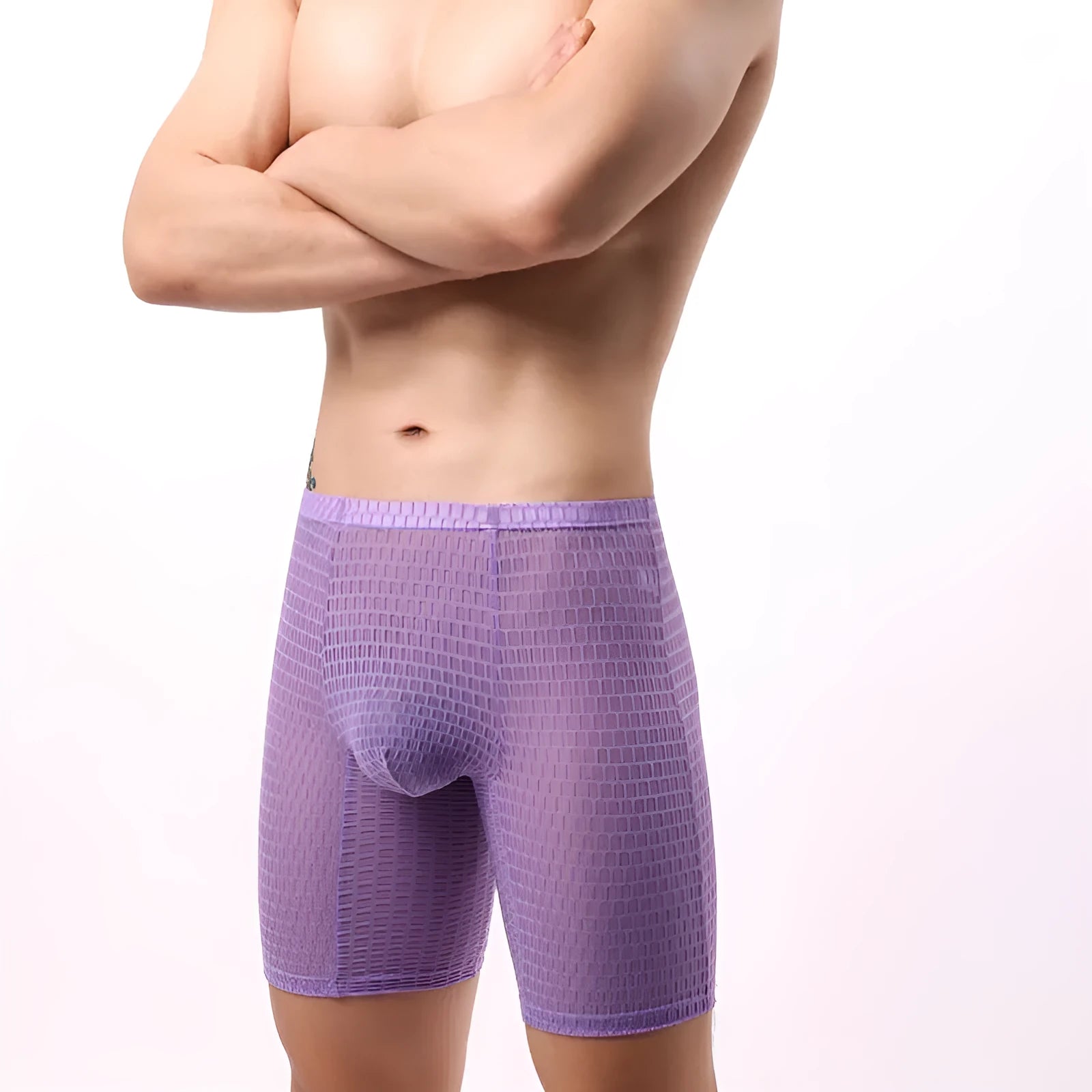 Men's white lace boxer shorts with a mid-waist shaping design laid flat.
