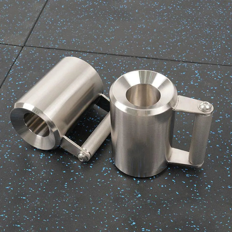 Silver stainless steel dumbbell cup with a cast iron core, shown as a single 8kg unit for weight plate loading.